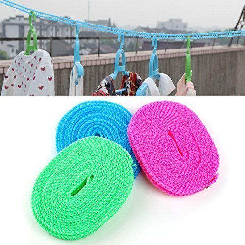 Windproof Anti-Slip Clothes Drying Nylon Rope with Hooks - 5 Meter