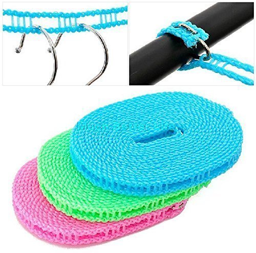 Windproof Anti-Slip Clothes Drying Nylon Rope with Hooks - 5 Meter