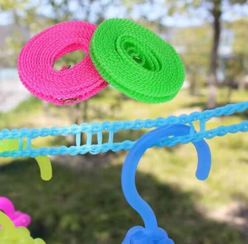 Windproof Anti-Slip Clothes Drying Nylon Rope with Hooks - 5 Meter